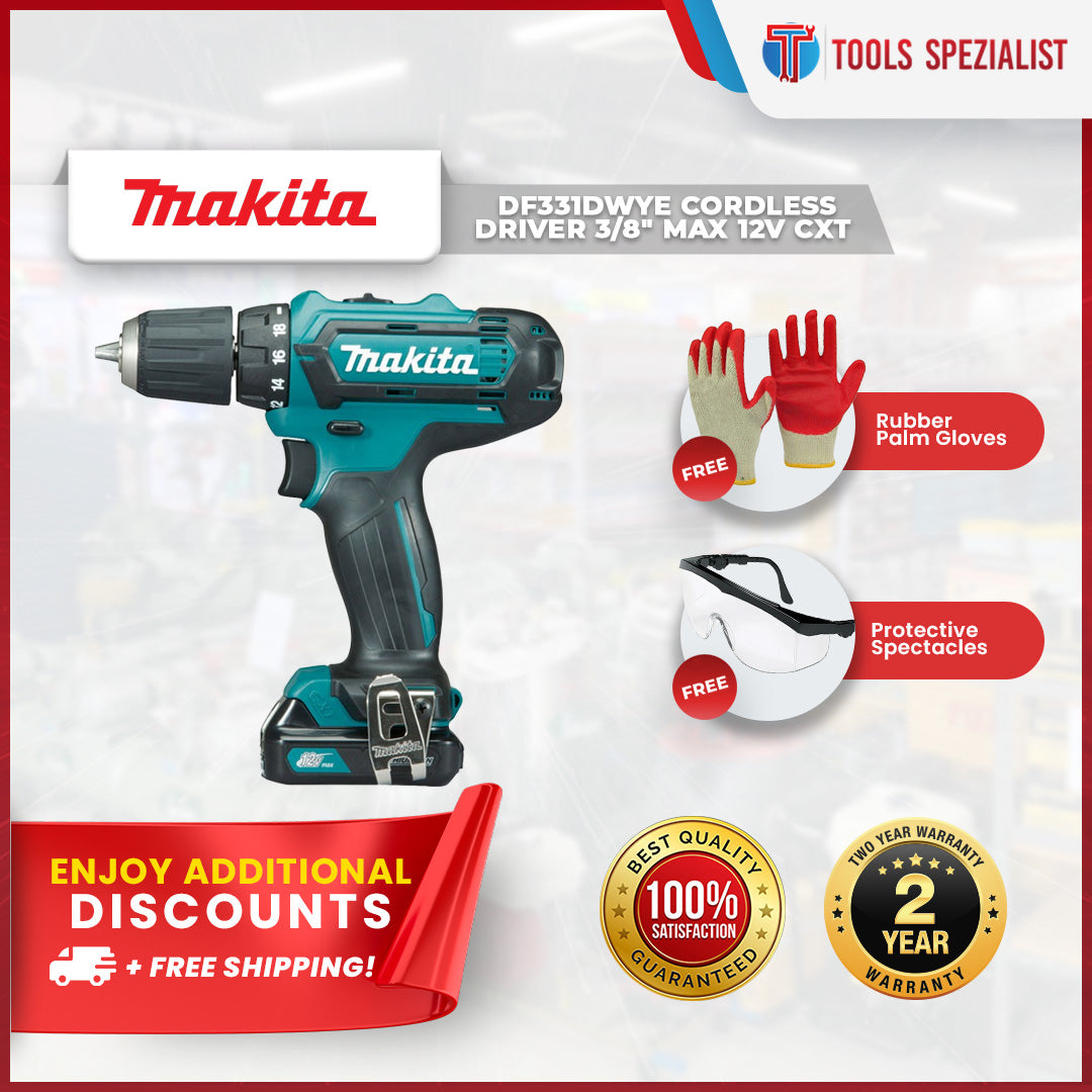 TS PROMO - Makita DF331DWYE Cordless Driver 3/8" Max 12V CXT ** FREE  gloves / spectacles