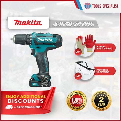 TS PROMO - Makita DF331DWYE Cordless Driver 3/8" Max 12V CXT ** FREE  gloves / spectacles